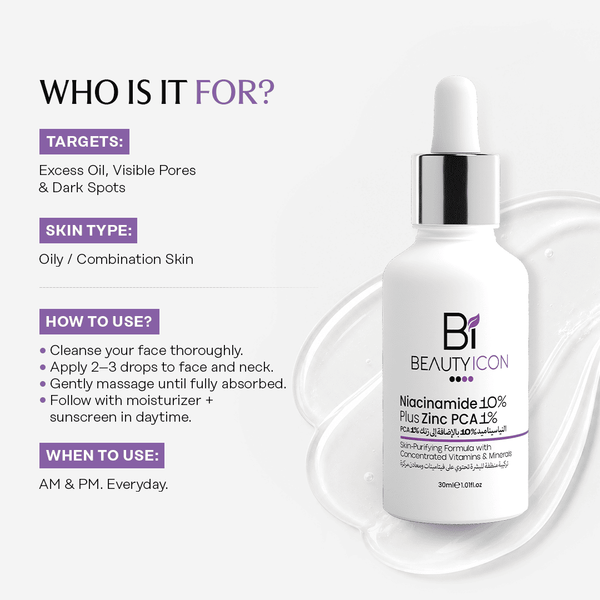Beautyicon Niacinamide 10% Plus Zinc PCA 1% skincare bottle on a light gray background with informational text about target skin types and usage instructions.