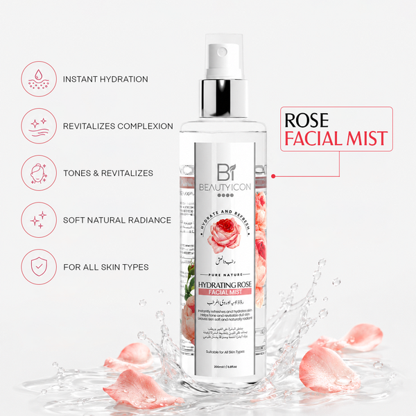 Beautycon Rose Facial Mist bottle with a white and silver pump dispenser, surrounded by rose petals and water splashes on a light gray background with feature icons and text.