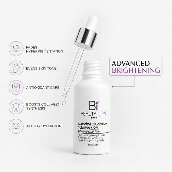 A white bottle of Bi Beauty Icon Ascorbyl Glucoside Solution 1.2% with a glass dropper floating above it, shown on a light gray background with feature icons and text highlighting skin benefits.