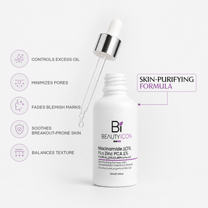 A white bottle of Bi Beauty Icon Niacinamide 10% Plus Zinc PCA 1.1% skin purifying formula with a glass dropper, shown on a light gray background with feature icons and text callouts.