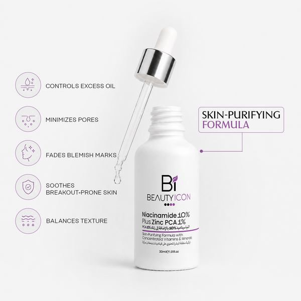 A white bottle of Bi Beauty Icon Niacinamide 10% Plus Zinc PCA 1.1% skin purifying formula with a glass dropper, shown on a light gray background with feature icons and text callouts.