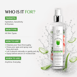 Beautyicon Soothing Rose Hyalu-Cica Hydrating Mist bottle shown on a light gray background with marketing text on the left and aloe vera splash graphics around the bottle.