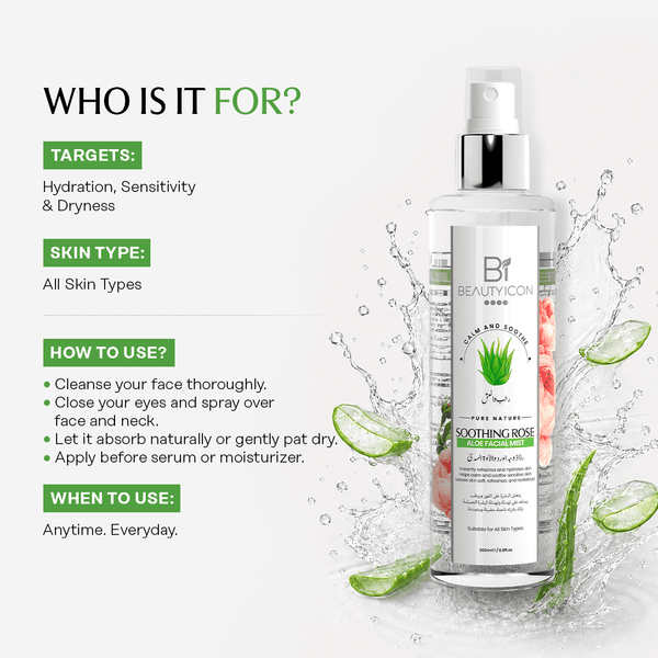 Beautyicon Soothing Rose Hyalu-Cica Hydrating Mist bottle shown on a light gray background with marketing text on the left and aloe vera splash graphics around the bottle.