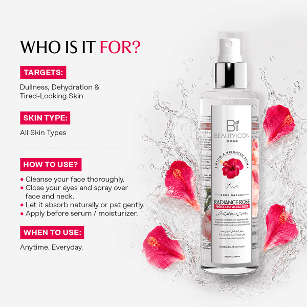 A clear pump bottle labeled B1 Beauty.com Radiance Rose Toner surrounded by pink rose petals and water splashes, with marketing text on a white background explaining skin benefits and usage.