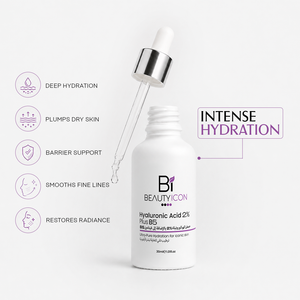 A white bottle of Bi Beauty Icon Hyaluronic Acid 2% Plus B5 serum with a glass dropper above it, shown on a light gray background with feature icons and the text 'INTENSE HYDRATION'.
