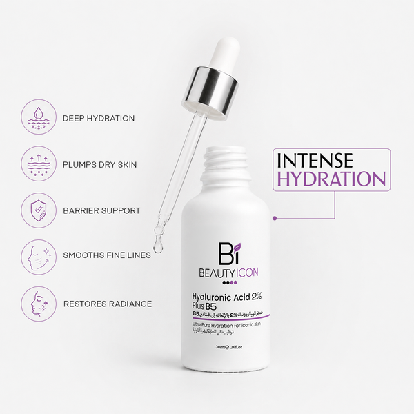 A white bottle of Bi Beauty Icon Hyaluronic Acid 2% Plus B5 serum with a glass dropper above it, shown on a light gray background with feature icons and the text 'INTENSE HYDRATION'.