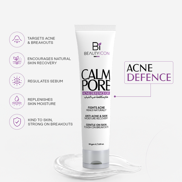 A white tube of Beautycon Calm Pore Enrichment Acne Defence moisturizer is displayed on a clear glass plate against a light gray background, accompanied by five purple and black feature icons on the left and a purple text label on the right.