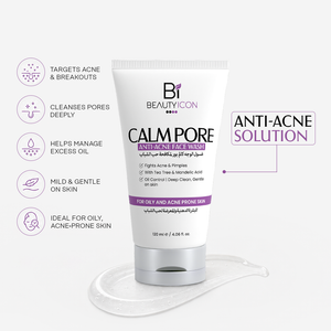 Bi Beauty Icon Calm Pore Anti-Acne Face Wash in a white squeeze tube with purple and black text, displayed on a clear gel pad with five feature icons and text on a light gray background.