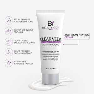 A white squeeze tube of Bi Beauty Icon Clearveda Anti-Pigmentation Cream stands on a white cream smear against a light gray background. Purple and black text appears on the tube, and callout icons on the left describe skin benefits.