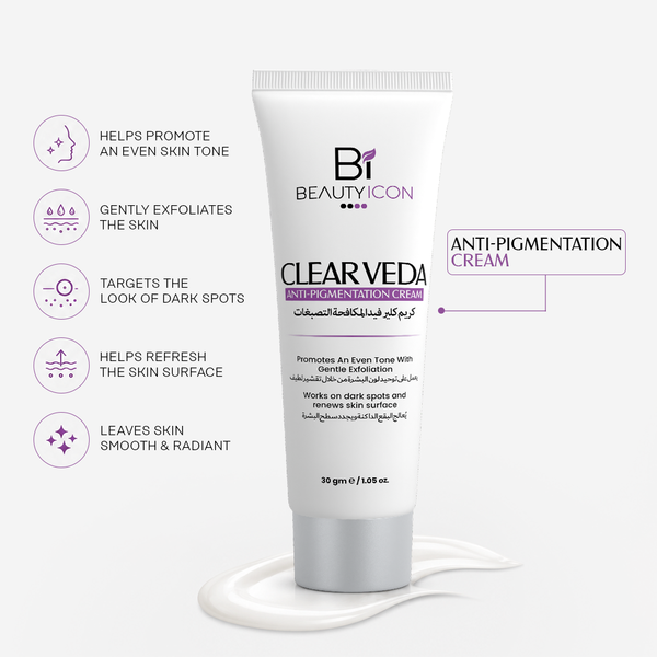 A white squeeze tube of Bi Beauty Icon Clearveda Anti-Pigmentation Cream stands on a white cream smear against a light gray background. Purple and black text appears on the tube, and callout icons on the left describe skin benefits.