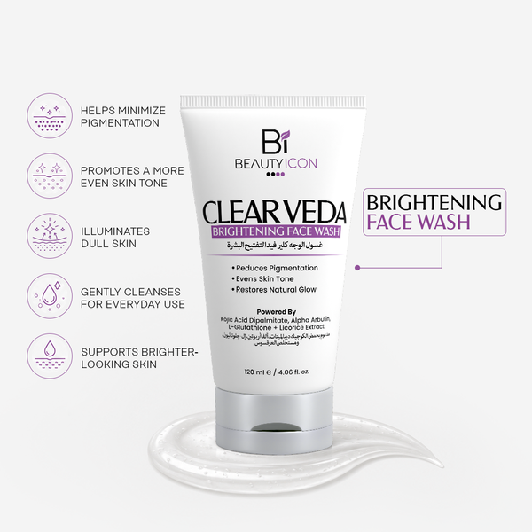 Beautycon Clear Veda Brightening Face Wash tube on a light gray background with feature icons and text callouts on the left, plus a white cream smear at the bottom.