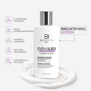 A white bottle of B1 BeautyIcon Even Aura Brightening Lotion with a silver cap, displayed on a white cream swirl. The image includes marketing text and icons on a light gray background.