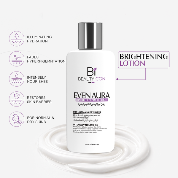 A white bottle of B1 BeautyIcon Even Aura Brightening Lotion with a silver cap, displayed on a white cream swirl. The image includes marketing text and icons on a light gray background.