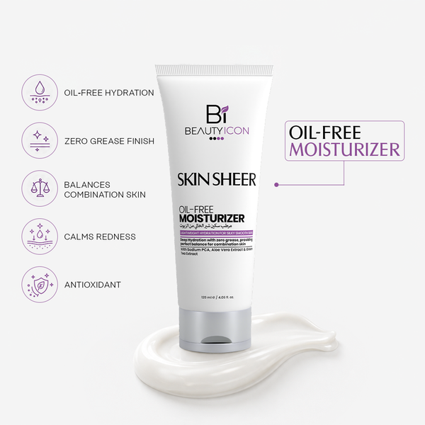 Beauty Icon Skin Sheer Oil-Free Moisturizer in a white squeeze tube, displayed on a white background with a cream smear underneath. The left side features five purple icons and text detailing product benefits: oil-free hydration, zero grease finish, balanced combination skin, calming redness, and antioxidant properties.
