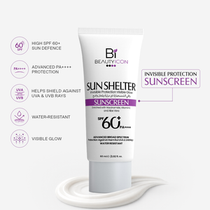 A white tube of Beautyicon Sun Shelter Invisible Protection Sunscreen SPF 60+ with purple accents, shown on a light gray background with feature callouts on the left and a callout badge on the right.