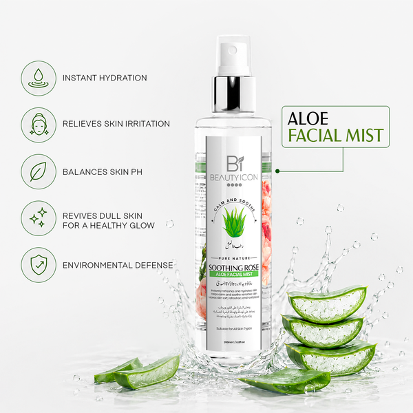 B1 Beauty Icon Soothing Aloe Facial Mist bottle centered on a light gray background, surrounded by aloe vera slices, water splashes, and green text callouts describing benefits like instant hydration and relief of skin irritation.