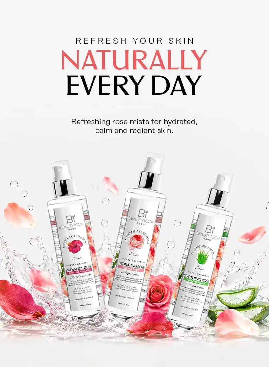 Three bottles of Breathe Natural Rose Mist skincare products arranged in a water splash with rose petals and aloe vera slices on a white background, under the text 'REFRESH YOUR SKIN NATURALLY EVERY DAY'.