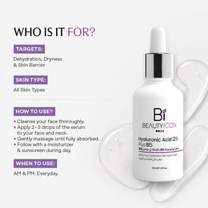Beautyicon Hyaluronic Acid 2% Plu B5 serum in a white dropper bottle with a silver collar, shown next to text panels detailing its targets, skin type, usage instructions, and timing on a light gray background.